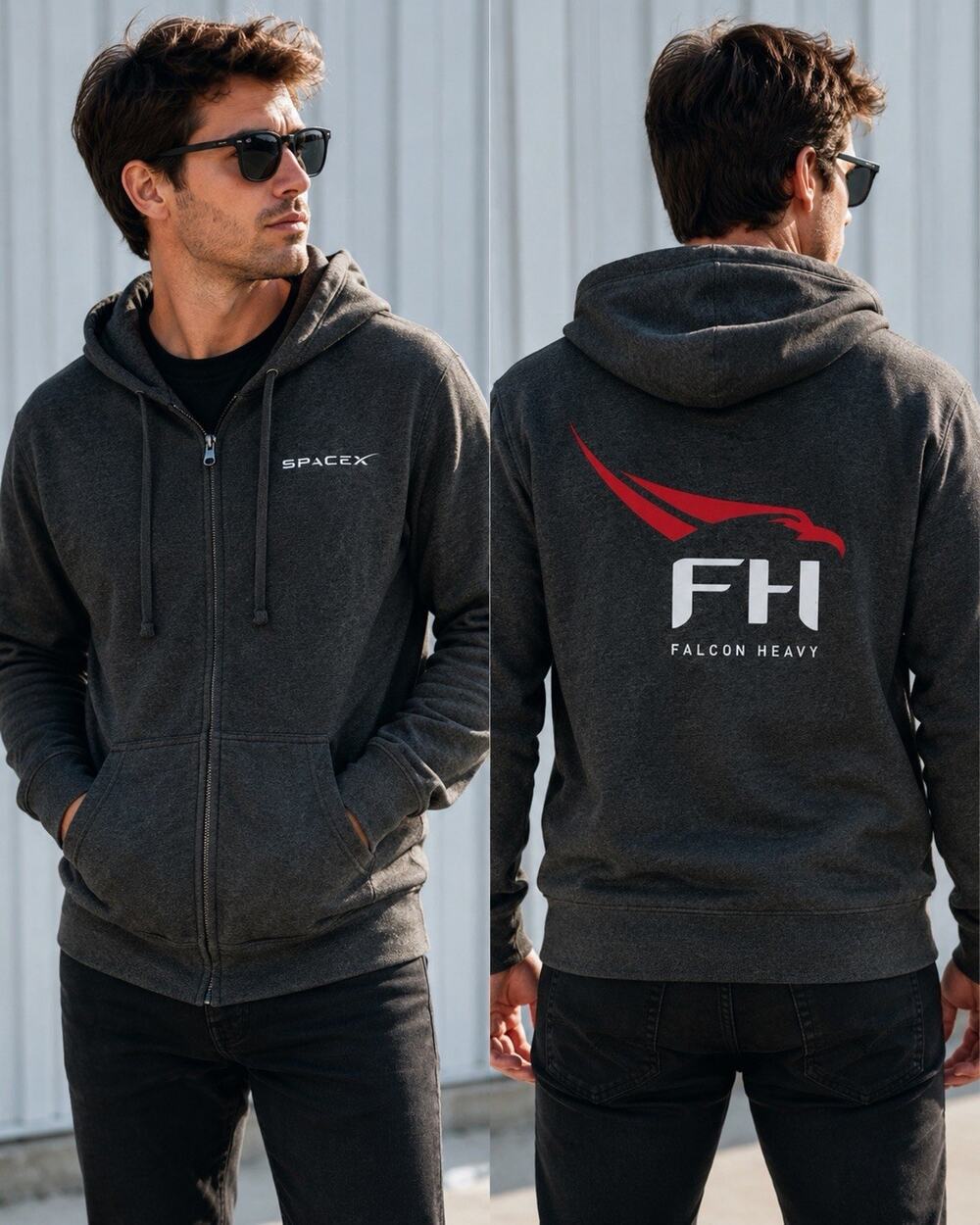 SpaceX Falcon Heavy Full Zip Hoodie Medium Gray Space Logo Sweatshirt Rocket M